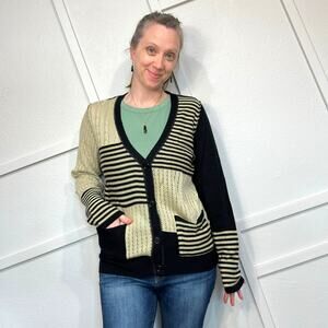 Art and Soul Unique Exposed Seam Cardigan Sweater Button Up V-Neck Black Tan L